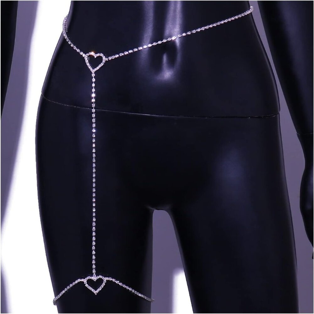 Rhinestone Heart Leg Chain Rhinestone Thigh Silver Crystal Leg Chain Waist Chain - Picture 6 of 6